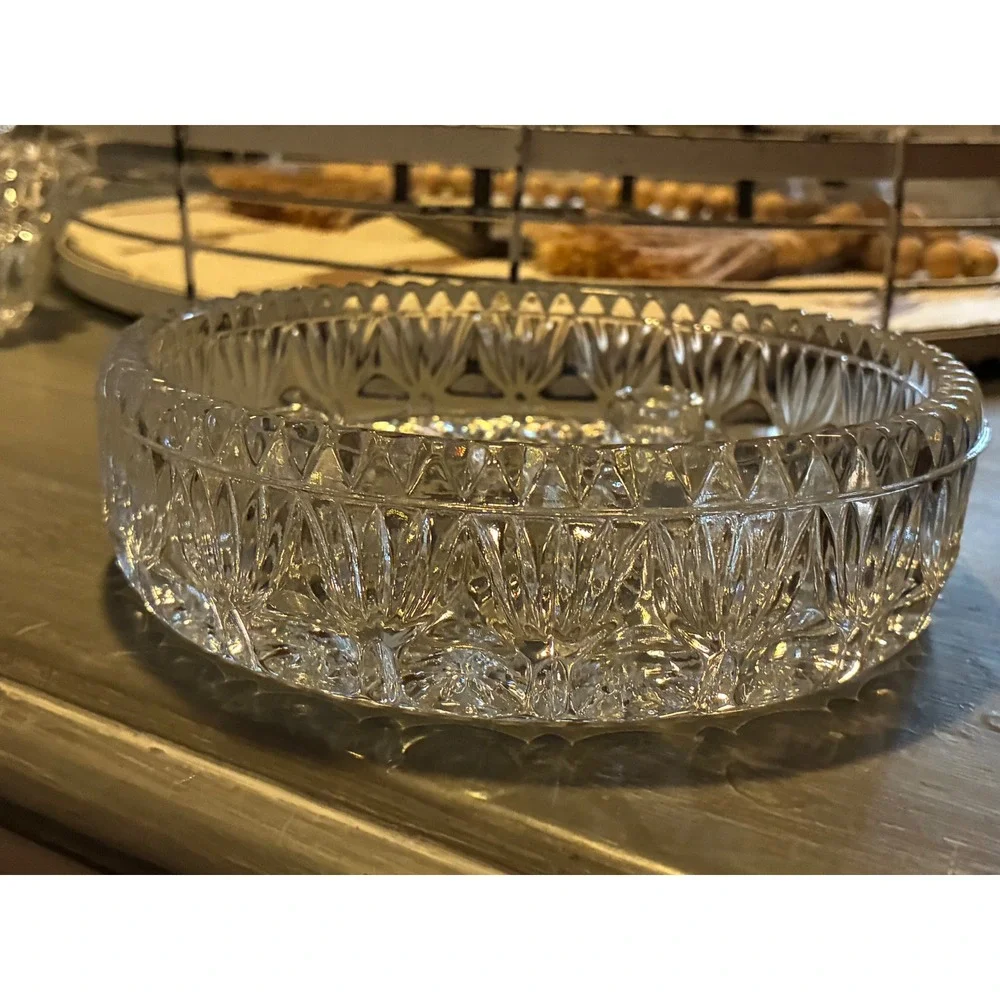 Vintage Clear Cut‎ Glass Round Bowl Sunburst Star 3 Candle Holder Centerpiece